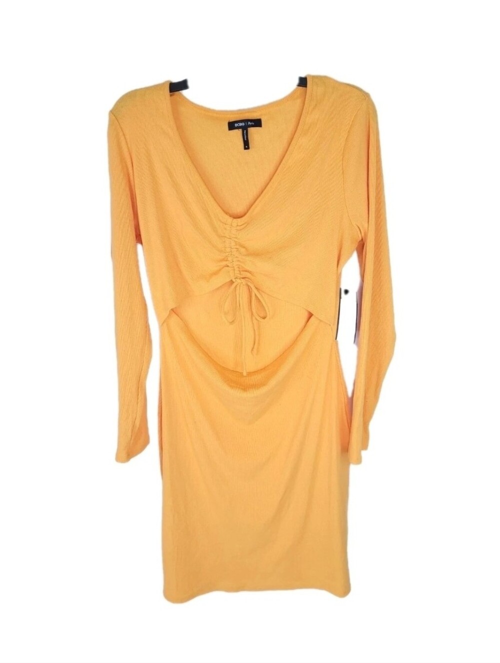 BCBG Dress Women XL Mini Short Cutout Bodycon Knit V Neck Ribbed Ruched Pullover